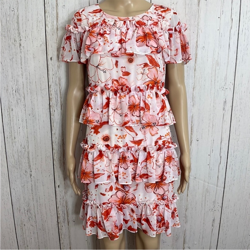 Badgley Mischka Red and Pink Ruffled Tiered Midi Sundress with Flutter Sleeves